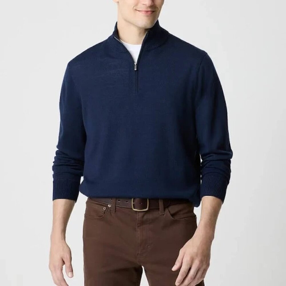 J CREW Men Lambs Wool Pullover Sweater 1/4 Zip Turtleneck Sz L Blue Luxury 78-5